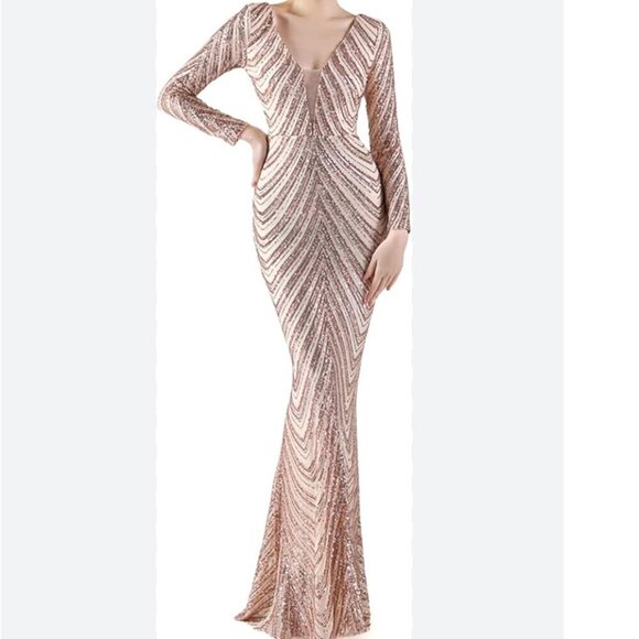 Formal Sequin Gown Long Dress Rose Gold Blush Pink Wedding Fancy - Picture 1 of 16